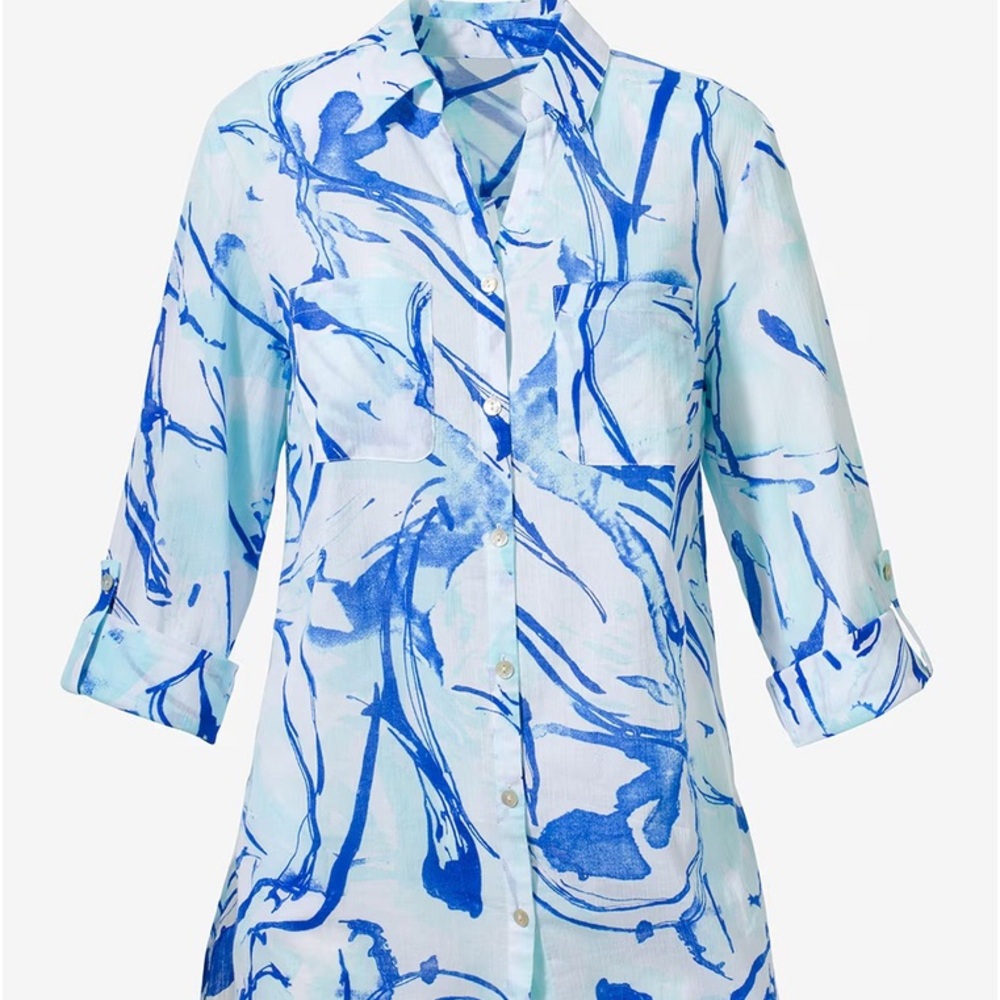 Chico's Blue & Light Blue Marble Print Button-Down Shirt